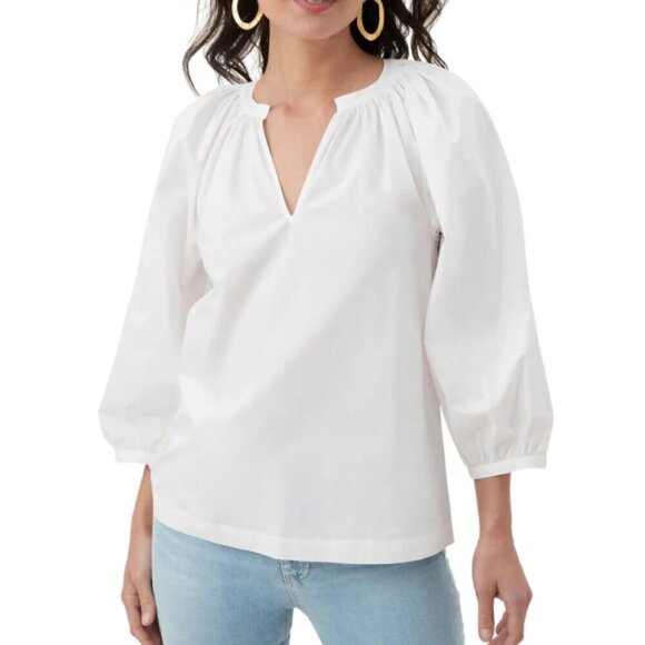Trina Turk 'Cornelia' Balloon-Sleeve Cotton-Poplin 3/4-Sleeve Top, White - Picture 1 of 2